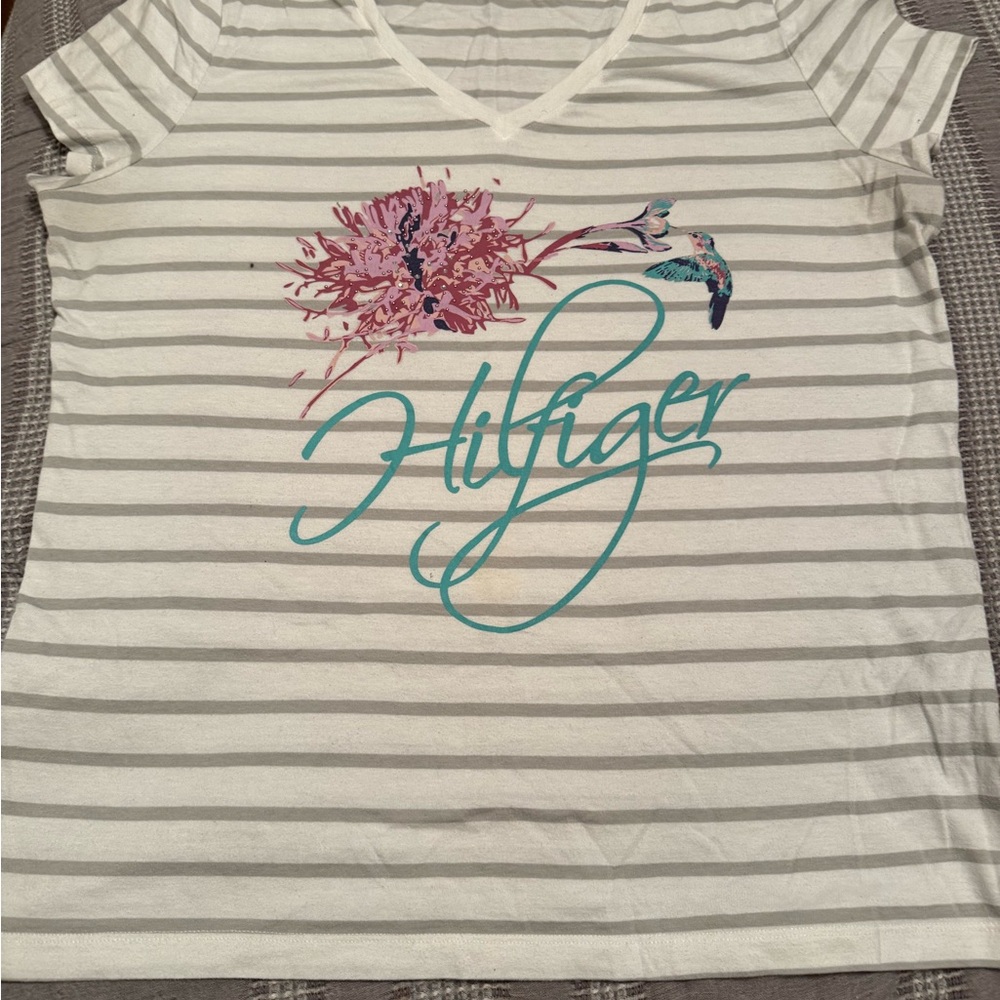 Tommy Hilfiger White Striped Tee with Pink Floral and Teal Script
